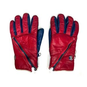 Vintage 80s Kombi Ski Winter Gloves Leather Red & Blue Asymmetrical Zip Retro